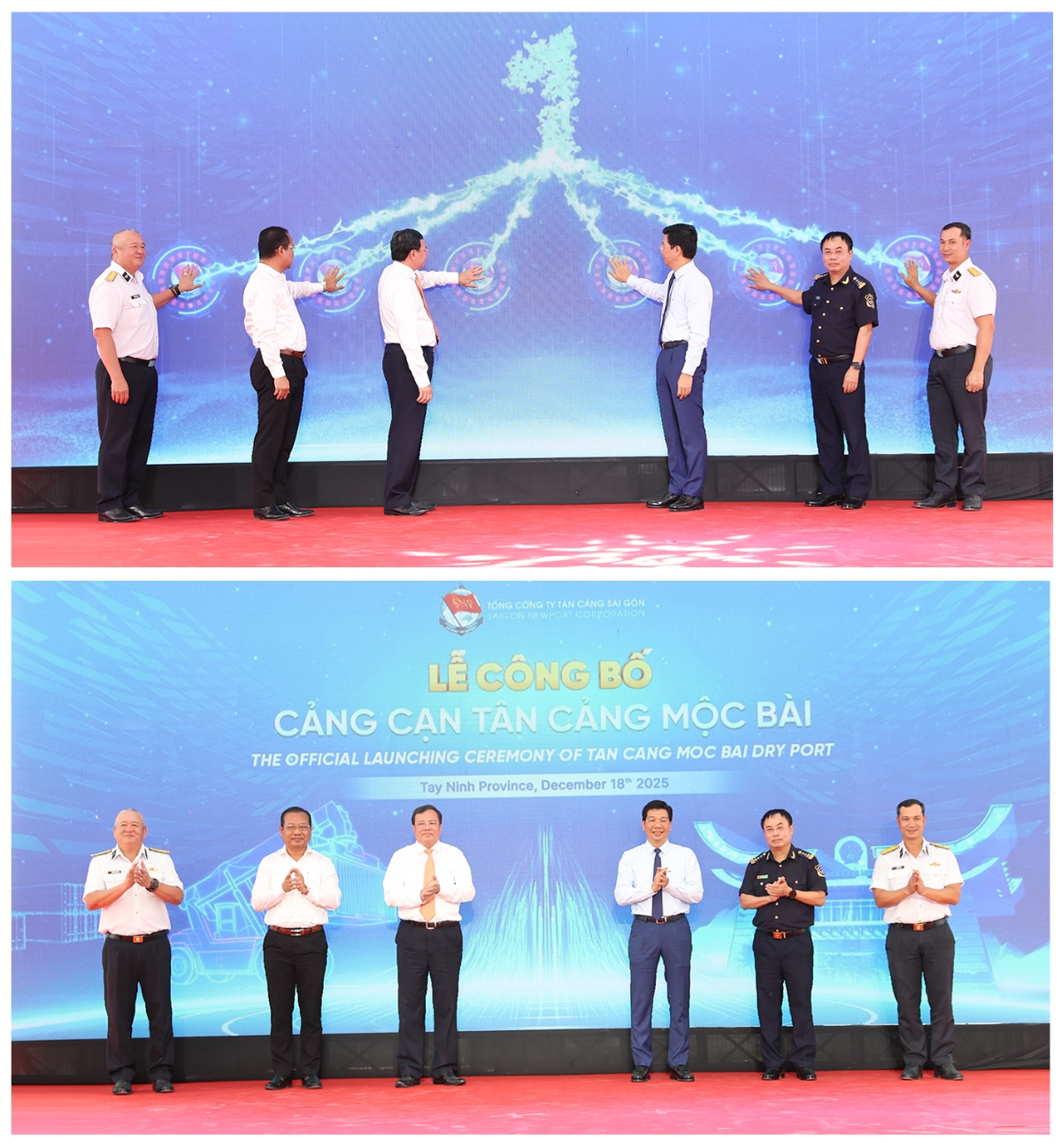 Các đại biểu thực hiện nghi thức công bố vận hành Cảng cạn Tân Cảng Mộc Bài.