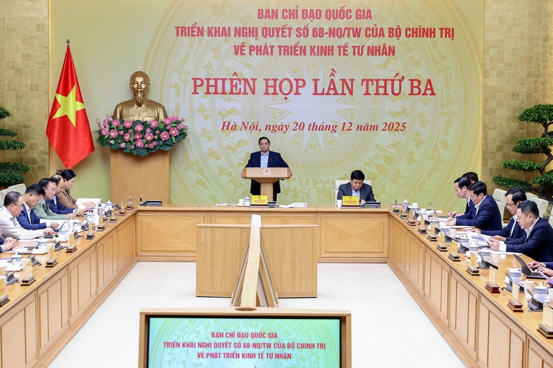 Thủ tướng Phạm Minh Chính, Trưởng Ban Chỉ đạo quốc gia triển khai Nghị quyết số 68-NQ/TW của Bộ Chính trị về phát triển kinh tế tư nhân, chủ trì Phiên họp lần thứ ba của Ban Chỉ đạo - Ảnh: VGP