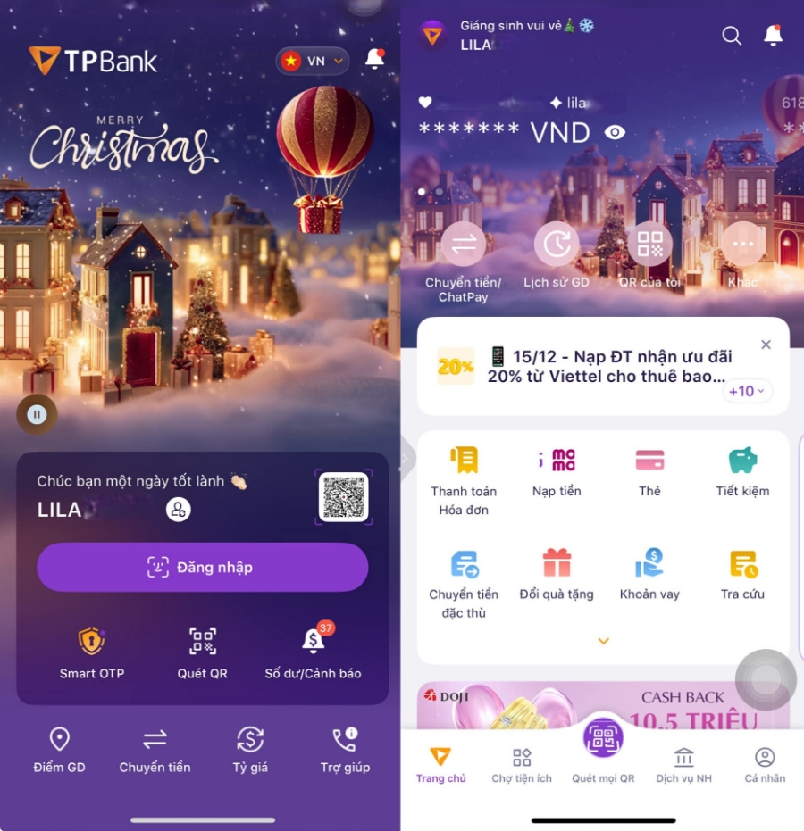 TPBank bật “mood” Giáng sinh trên App với giao diện ấm áp, hiện đại và tinh tế.