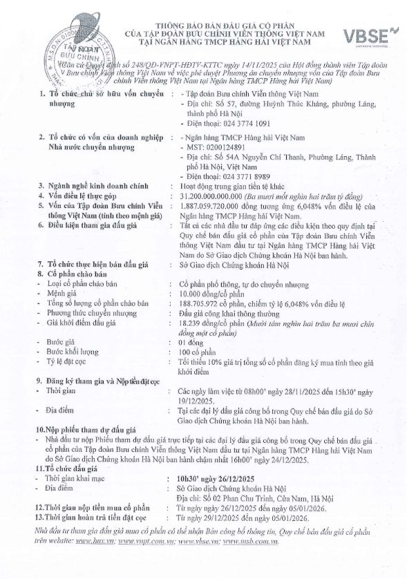 Giá khởi điểm 18.239 đồng/cổ phiếu, phiên đấu giá cổ phiếu MSB của VNPT thất bại - Ảnh 1