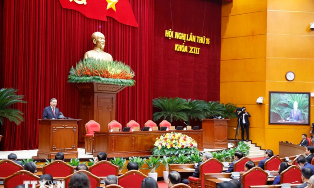 Tổng Bí thư Tô Lâm phát biểu bế mạc Hội nghị lần thứ 15 Ban Chấp hành Trung ương khóa XIII. Ảnh: TTXVN.