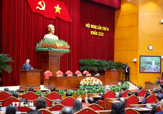 Tổng Bí thư Tô Lâm phát biểu bế mạc Hội nghị lần thứ 15 Ban Chấp hành Trung ương khóa XIII. Ảnh: TTXVN.