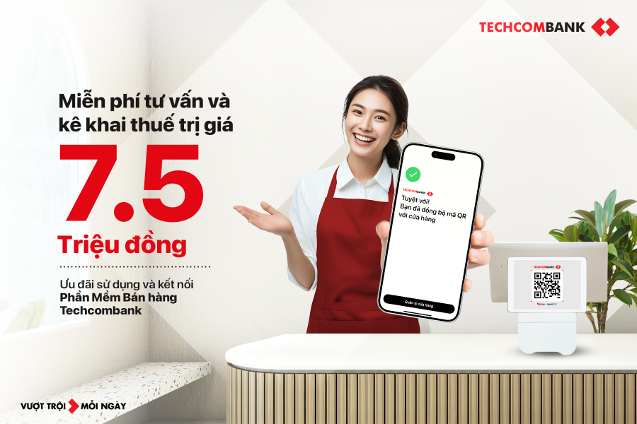 Ưu đãi hoàn tới 600.000 đồng khi liên kết QR Techcombank với phần mềm bán hàng.