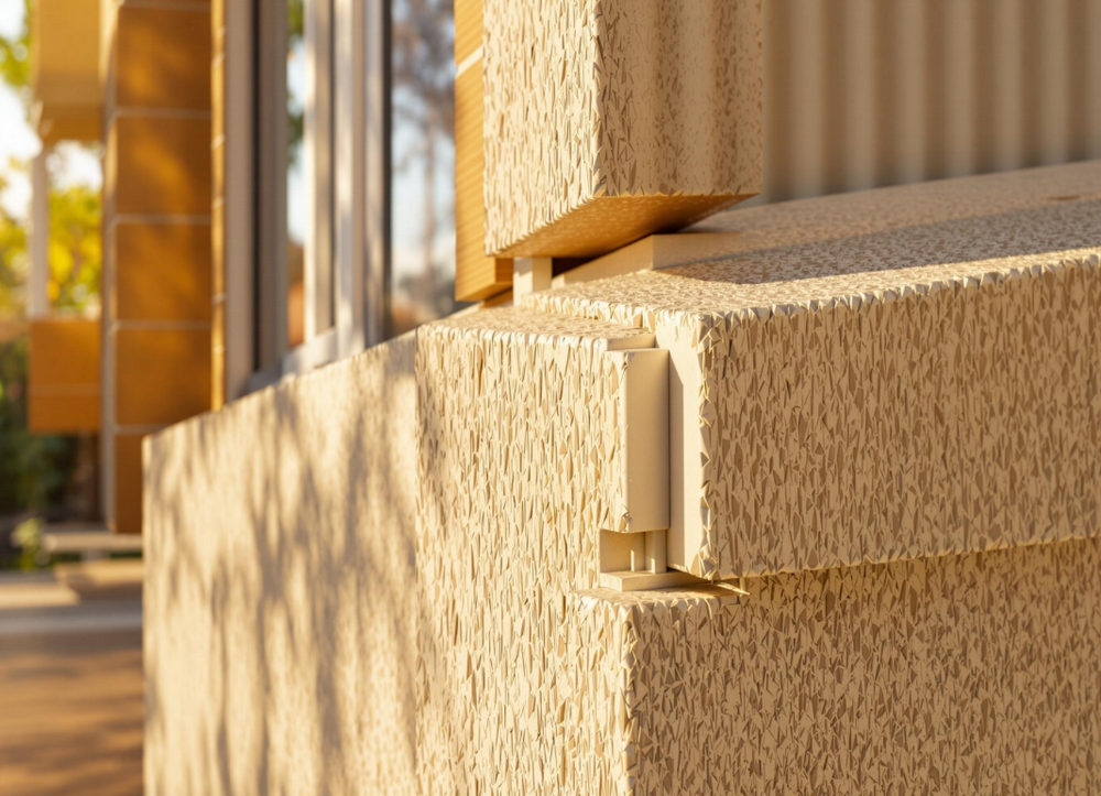 Cận cảnh các tấm panel mô-đun container được làm từ vật liệu composite vỏ hạt điều và nhựa HDPE tái chế