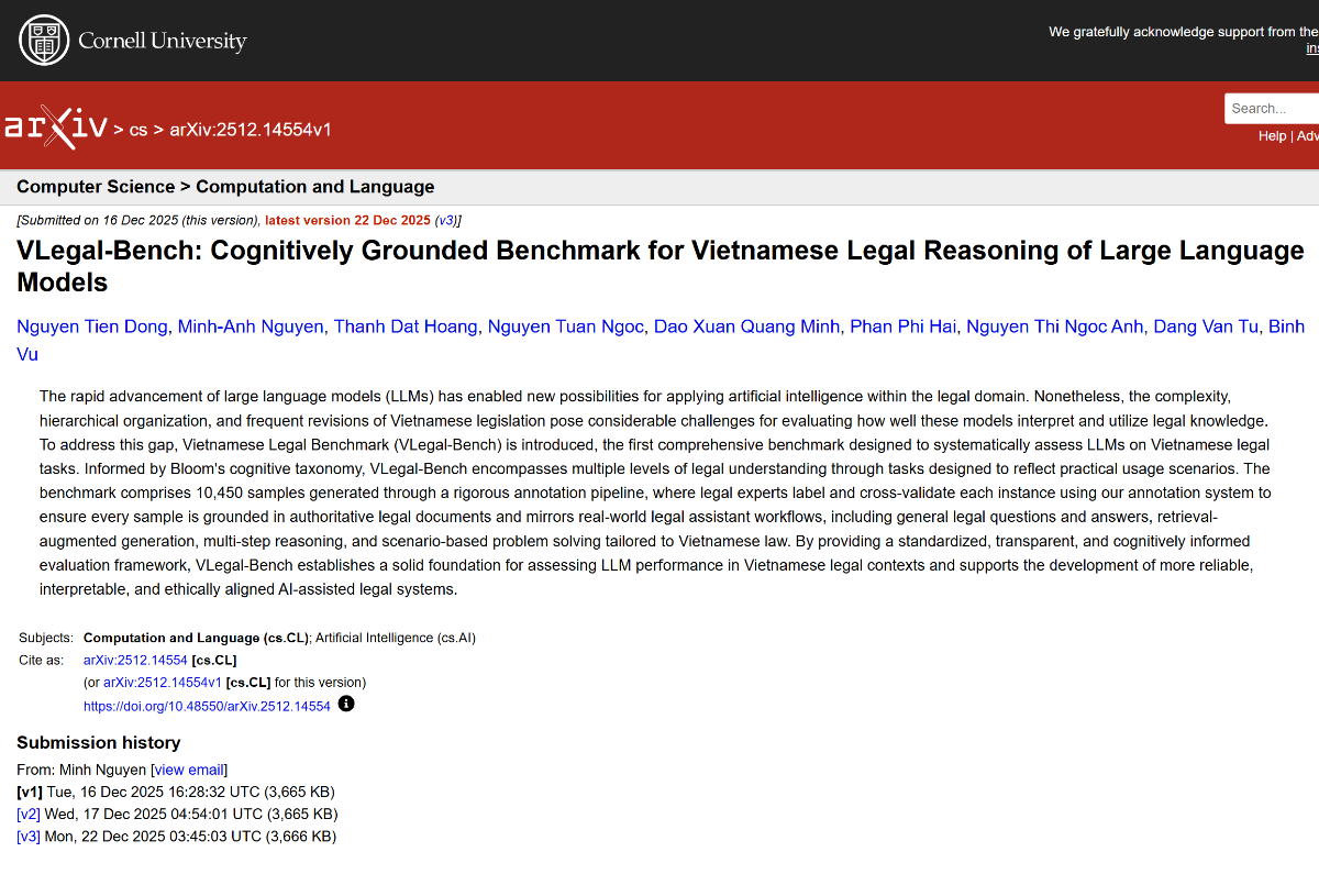 Bộ&nbsp;chuẩn đánh giá VLegal - Bench của nhóm nghiên cứu C-OpenAI đăng kí trên cổng arXiv của Trường Đại học Cornell- Mỹ phiên bản mới nhất cập nhật 22/12/2025