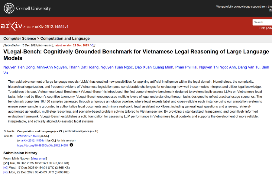 Bộ&nbsp;chuẩn đánh giá VLegal - Bench của nhóm nghiên cứu C-OpenAI đăng kí trên cổng arXiv của Trường Đại học Cornell- Mỹ phiên bản mới nhất cập nhật 22/12/2025