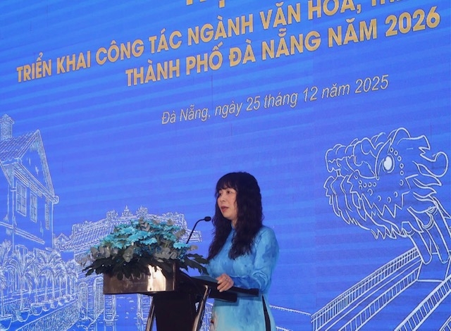 Bà Trương Thị Hồng Hạnh, Giám đốc Sở Văn hóa, Thể thao và Du lịch Đà Nẵng, phát biểu tại Hội nghị. Ảnh Ngô Anh Văn