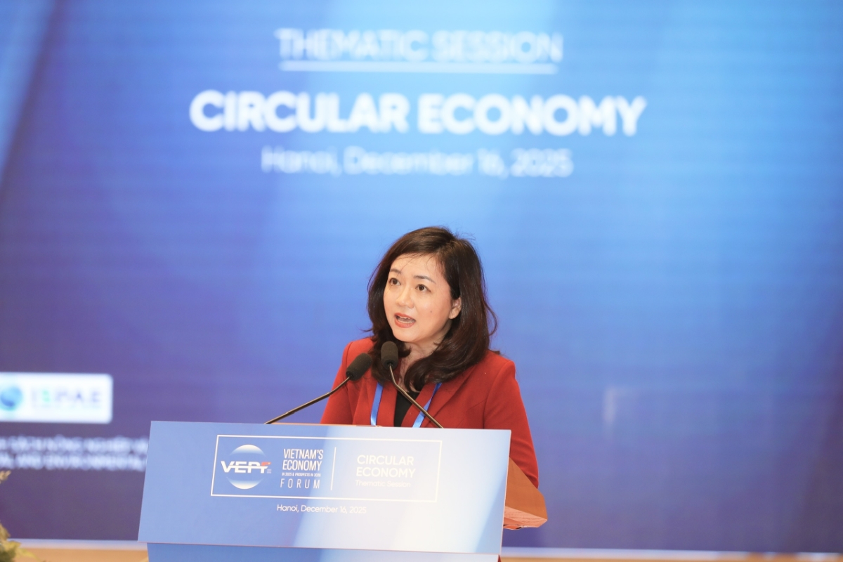 Bà Lê Thị Hồng Nhi phát biểu tại Diễn đàn Kinh tế Việt Nam 2025, Triển vọng 2026.