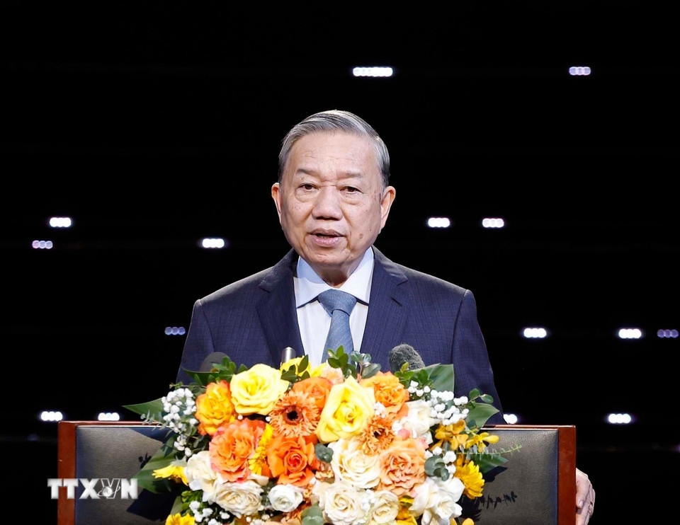 Tổng Bí thư Tô Lâm phát biểu tại Chương trình "Hồ Chí Minh - Hành trình khát vọng 2025". Ảnh: TTXVN.