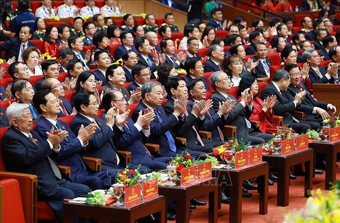 Tổng Bí thư Tô Lâm cùng các đại biểu tham dự Đại hội Thi đua yêu nước lần thứ XI. Ảnh: TTXVN.