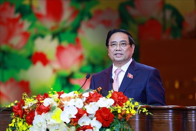 Thủ tướng Phạm Minh Chính, Chủ tịch Hội đồng Thi đua - Khen thưởng Trung ương, phát biểu khai mạc Đại hội Thi đua yêu nước lần thứ XI. Ảnh: TTXVN.