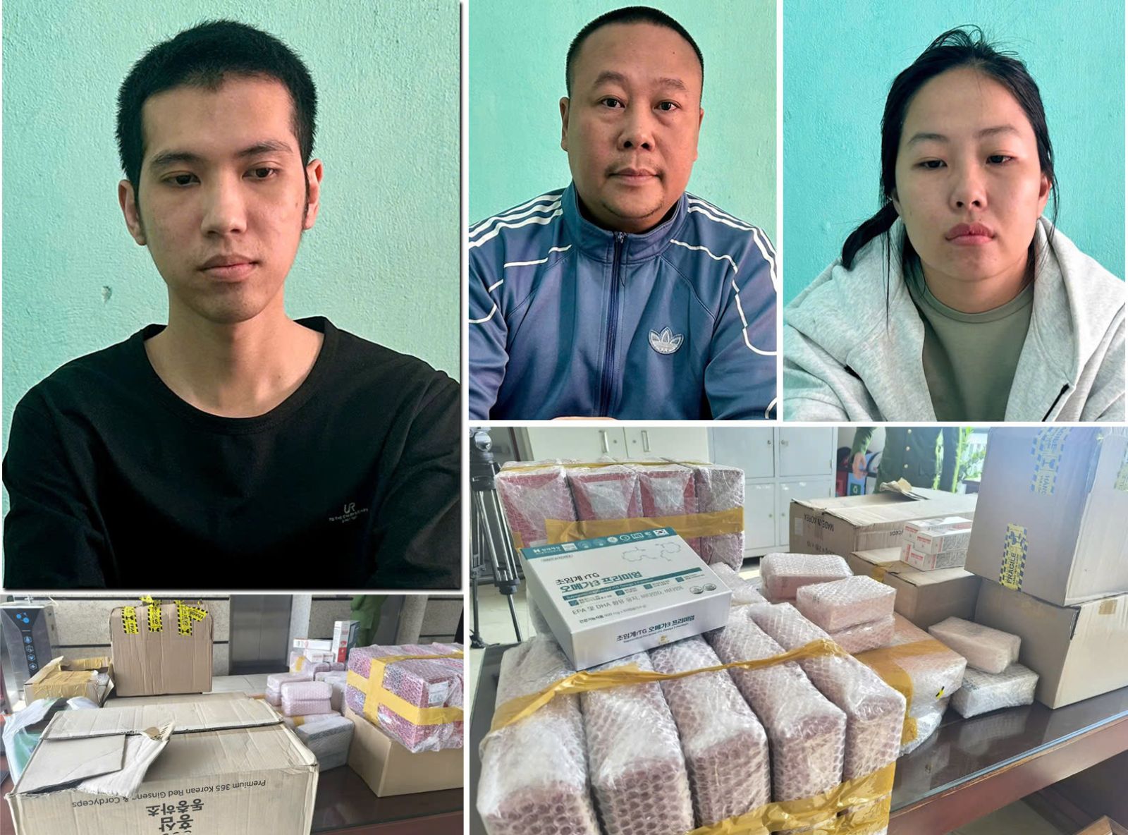 Các đối tượng (từ trái qua phải): Phạm Nhất Duy, Nguyễn Doanh Thương và Nguyễn Thị Thanh Nhàn cùng tang vật vụ án. Ảnh: Công an Thanh Hoá