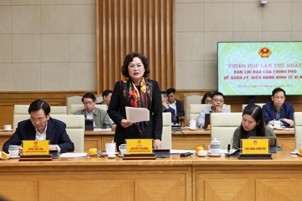 Thống đốc Ngân hàng Nhà nước Nguyễn Thị Hồng phát biểu tại phiên họp - Ảnh: VGP