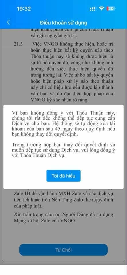 Zalo cho biết sẽ xoá tài khoản người dùng nếu không chấp nhận Thoả thuận dịch vụ.