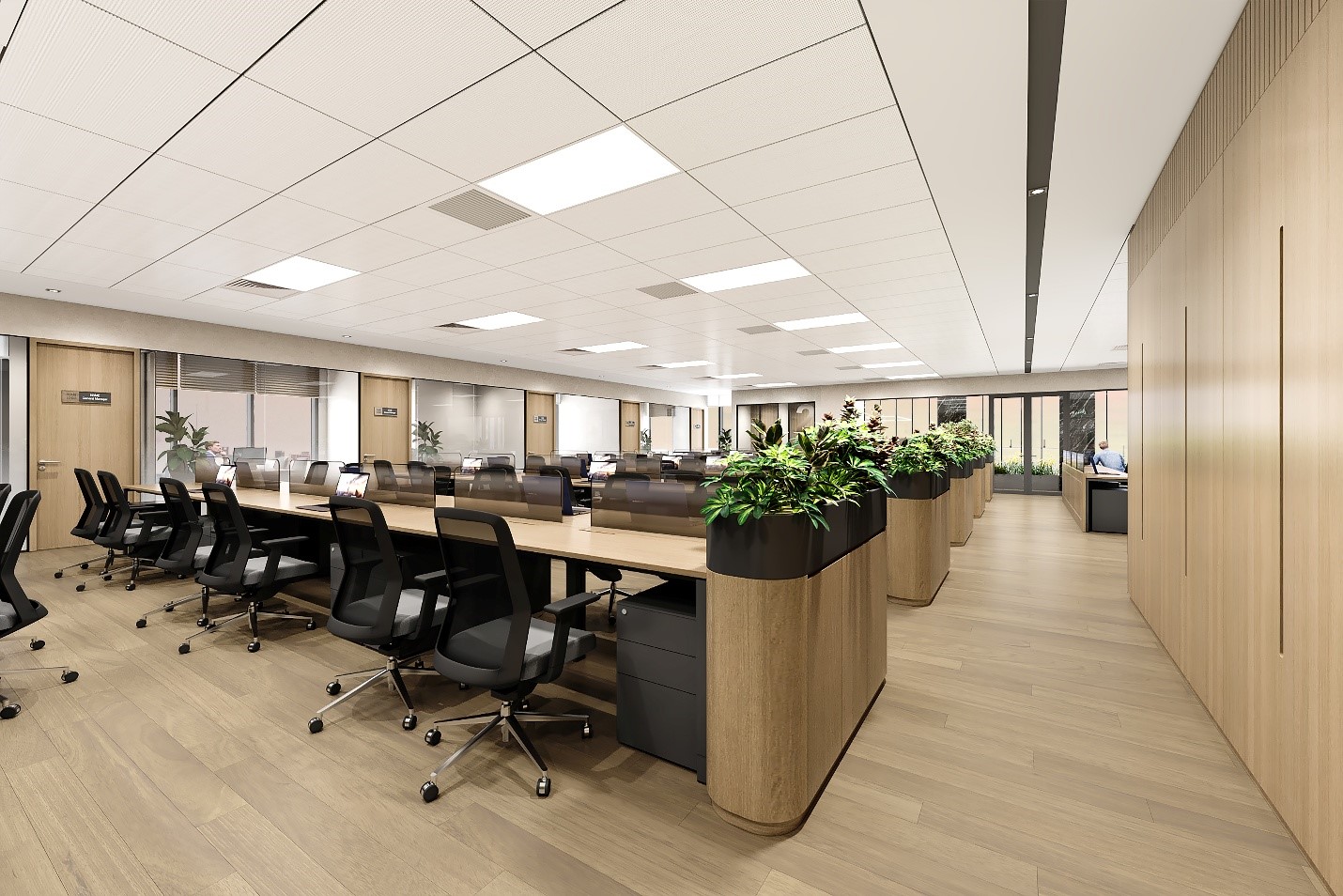 Không gian văn phòng tại Oriental Square kết hợp thiết kế mở, ánh sáng tự nhiên và mảng xanh nội khu, tạo cảm giác thông thoáng.