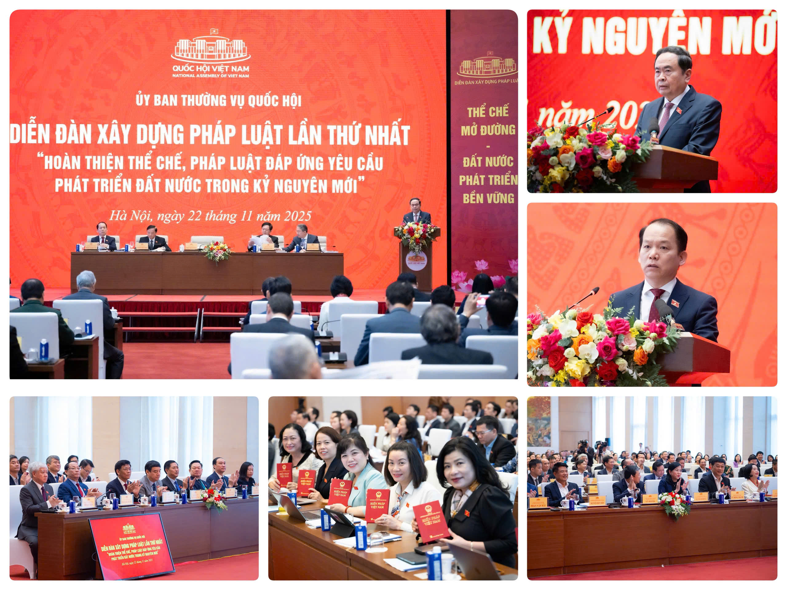 Ủy viên Bộ Chính trị, Chủ tịch Quốc hội Trần Thanh Mẫn chủ trì và phát biểu khai mạc Diễn đàn xây dựng pháp luật lần thứ nhất với chủ đề “Hoàn thiện thể chế, pháp luật đáp ứng yêu cầu phát triển đất nước trong kỷ nguyên mới”. Chủ nhiệm Ủy ban Pháp luật và Tư pháp Hoàng Thanh Tùng trình bày Báo cáo đề dẫn Diễn đàn. Ảnh: Quốc hội.