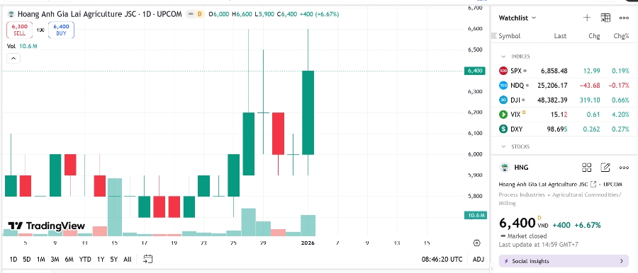 Sơ đồ giá cổ phiếu HNG trên TradingView.