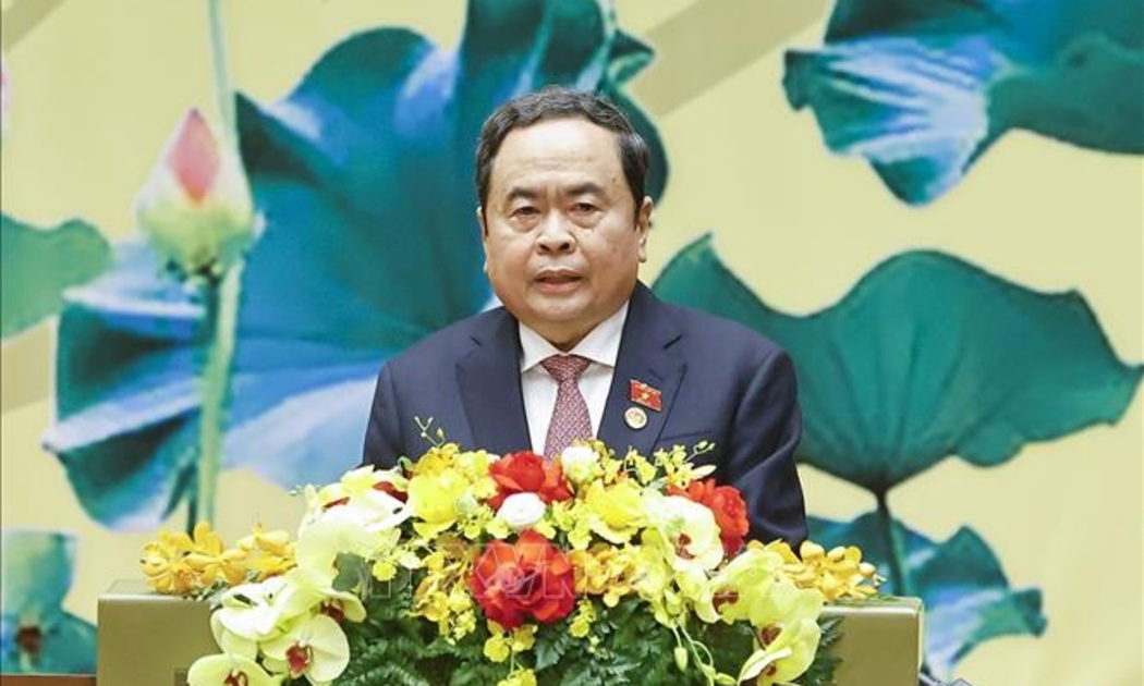 Chủ tịch Quốc hội Trần Thanh Mẫn đọc diễn văn kỷ niệm. Ảnh: TTXVN.
