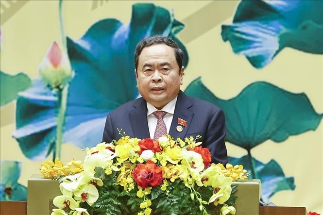 Chủ tịch Quốc hội Trần Thanh Mẫn đọc diễn văn kỷ niệm. Ảnh: TTXVN.