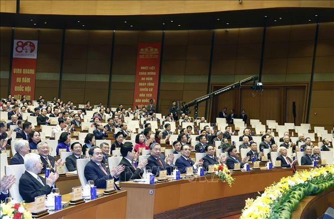 Tổng Bí thư Tô Lâm, các đồng chí lãnh đạo, nguyên lãnh đạo Đảng, Nhà nước dự Lễ kỷ niệm.&nbsp;Ảnh: TTXVN.