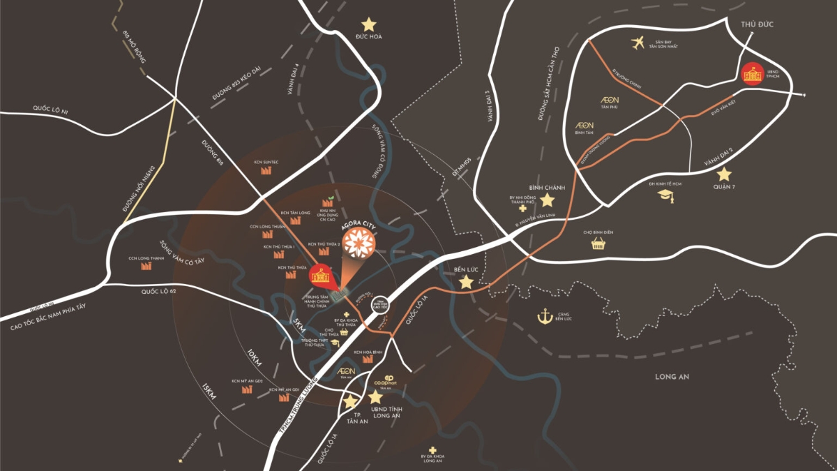 Agora City nằm trong lõi thủ phủ công nghiệp mới của Thủ Thừa thu hút dòng người đến sinh sống và làm việc.