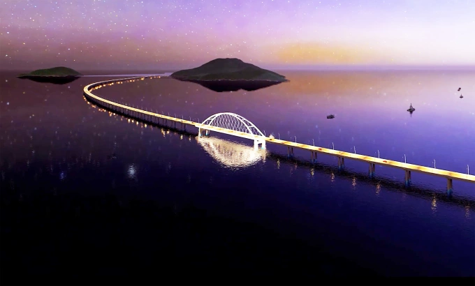 Cầu vượt biển nối đất liền với Hòn Khoai dài khoảng 18 km, là cầu vượt biển dài nhất Việt Nam. Ảnh: Bộ Quốc phòng