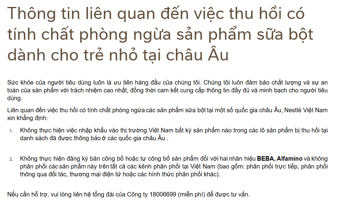 Thông tin chính thức trên website&nbsp;Nestlé Việt Nam.