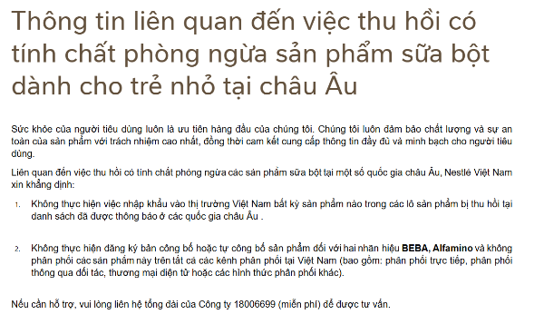 Thông tin chính thức trên website&nbsp;Nestlé Việt Nam.