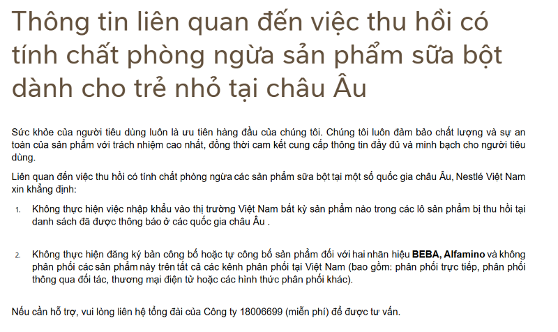 Thông tin chính thức trên website Nestlé Việt Nam.