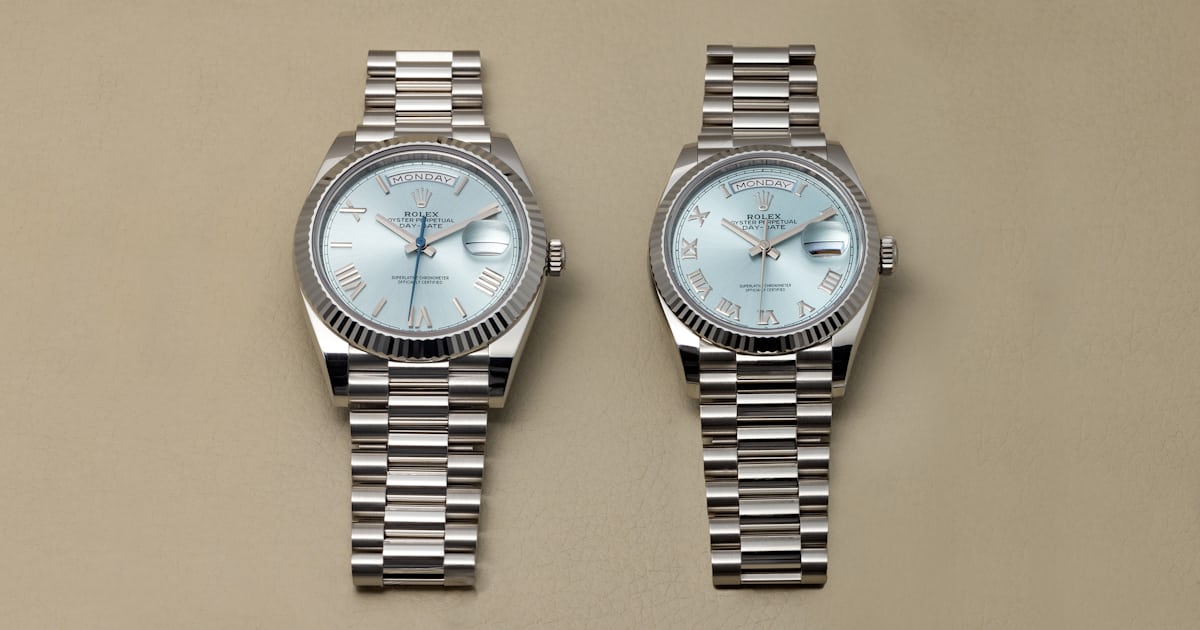 Mẫu đồng hồ Rolex Day-Date 40 mm bằng vàng trắng và chiếc Rolex Day-Date 40 mm bằng bạch kim.