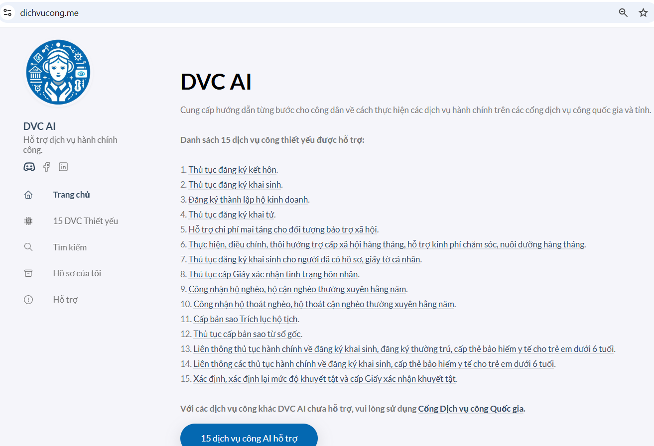 Nền tảng dichvucong.me (DVC AI) – một mô hình ứng dụng AI nhằm hỗ trợ người dân tiếp cận dịch vụ công trực tuyến theo cách thân thiện.