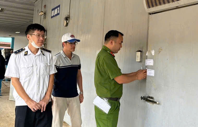 Lực lượng chức năng kiểm tra kho hàng chứa thịt lợn nhiễm dịch tả lợn châu Phi của Công ty cổ phần đồ hộp Hạ Long. 