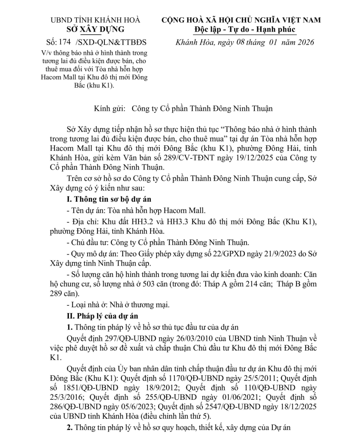 Công văn của Sở Xây dựng tỉnh Khánh Hòa xác nhận Hacom Tower đủ điều kiện mở bán.