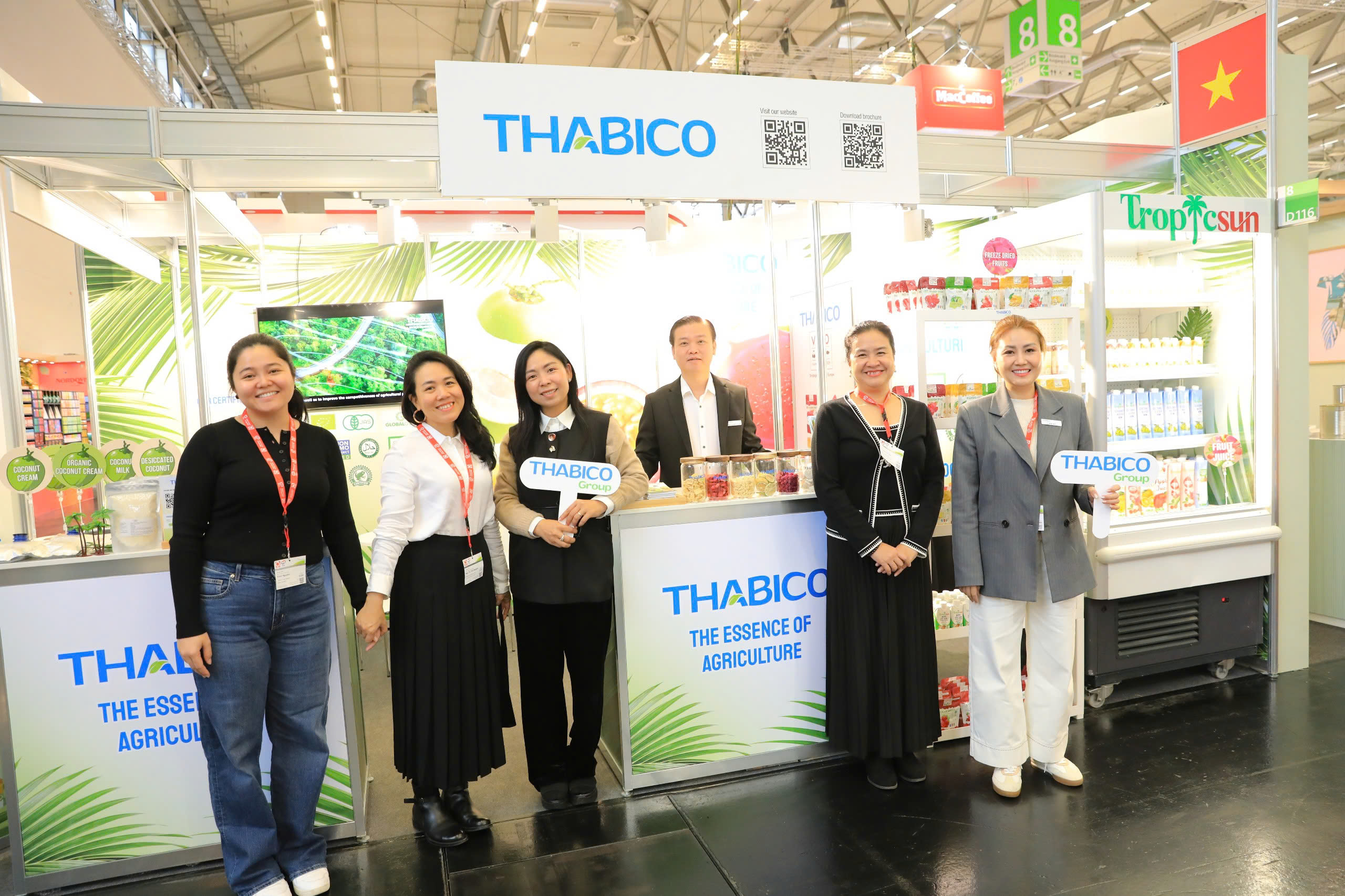 The THABICO team at an international trade exhibition, presenting beverage ingredients and finished products as part of Vietnam’s growing presence in the global food and beverage value chain.