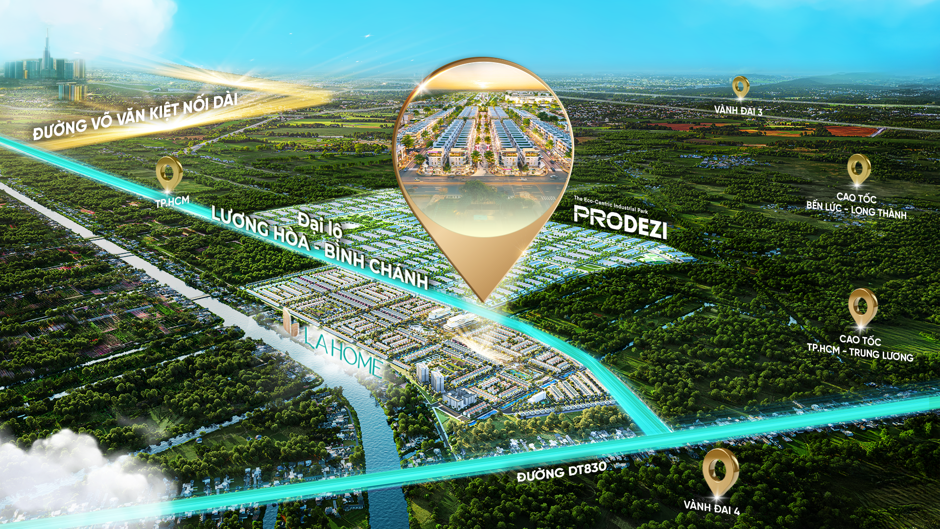 Khu đô thị LA Home tọa lạc trên mặt tiền Đại lộ Lương Hòa – Bình Chánh và tâm điểm kết nối của các tuyến giao thông trọng điểm. Ảnh: LA Home.