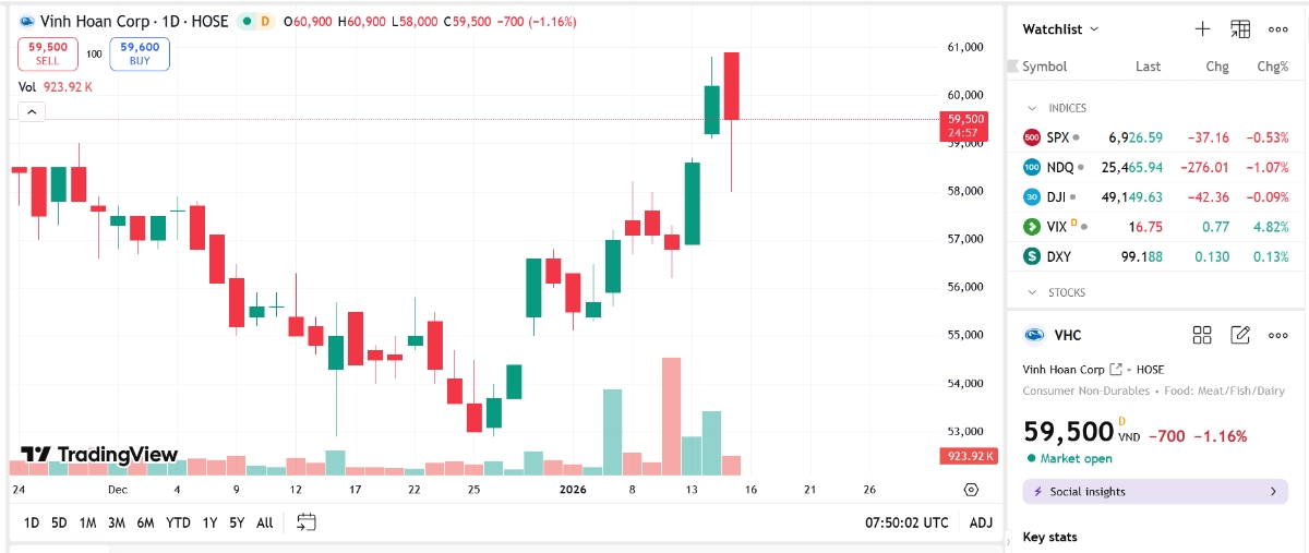 Sơ đồ giá cổ phiếu VHC trên TradingView.