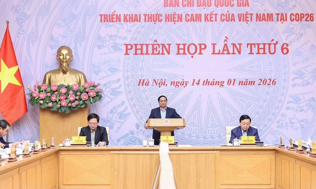 Thủ tướng Chính phủ Phạm Minh Chính chủ trì phiên họp lần thứ 6 của Ban Chỉ đạo quốc gia triển khai thực hiện cam kết của Việt Nam tại Hội nghị COP26. Ảnh VPG.