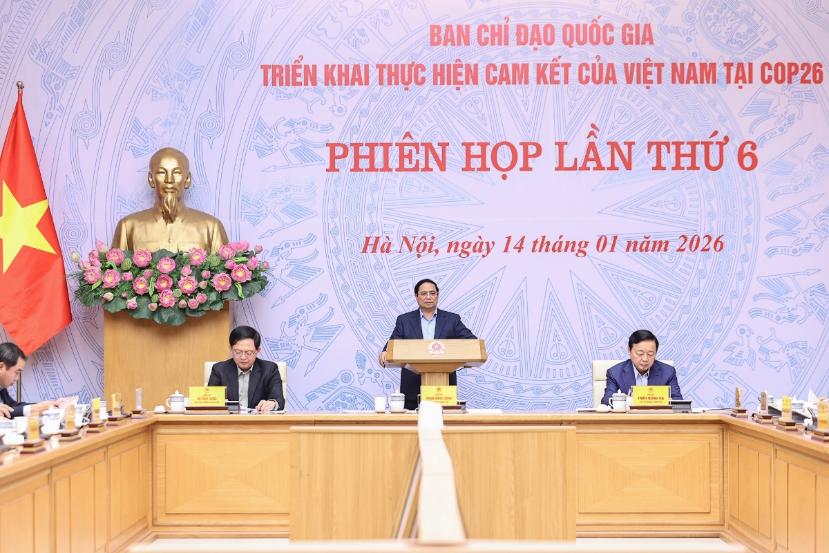 Thủ tướng Chính phủ Phạm Minh Chính chủ trì phiên họp lần thứ 6 của Ban Chỉ đạo quốc gia triển khai thực hiện cam kết của Việt Nam tại Hội nghị COP26. Ảnh VPG.