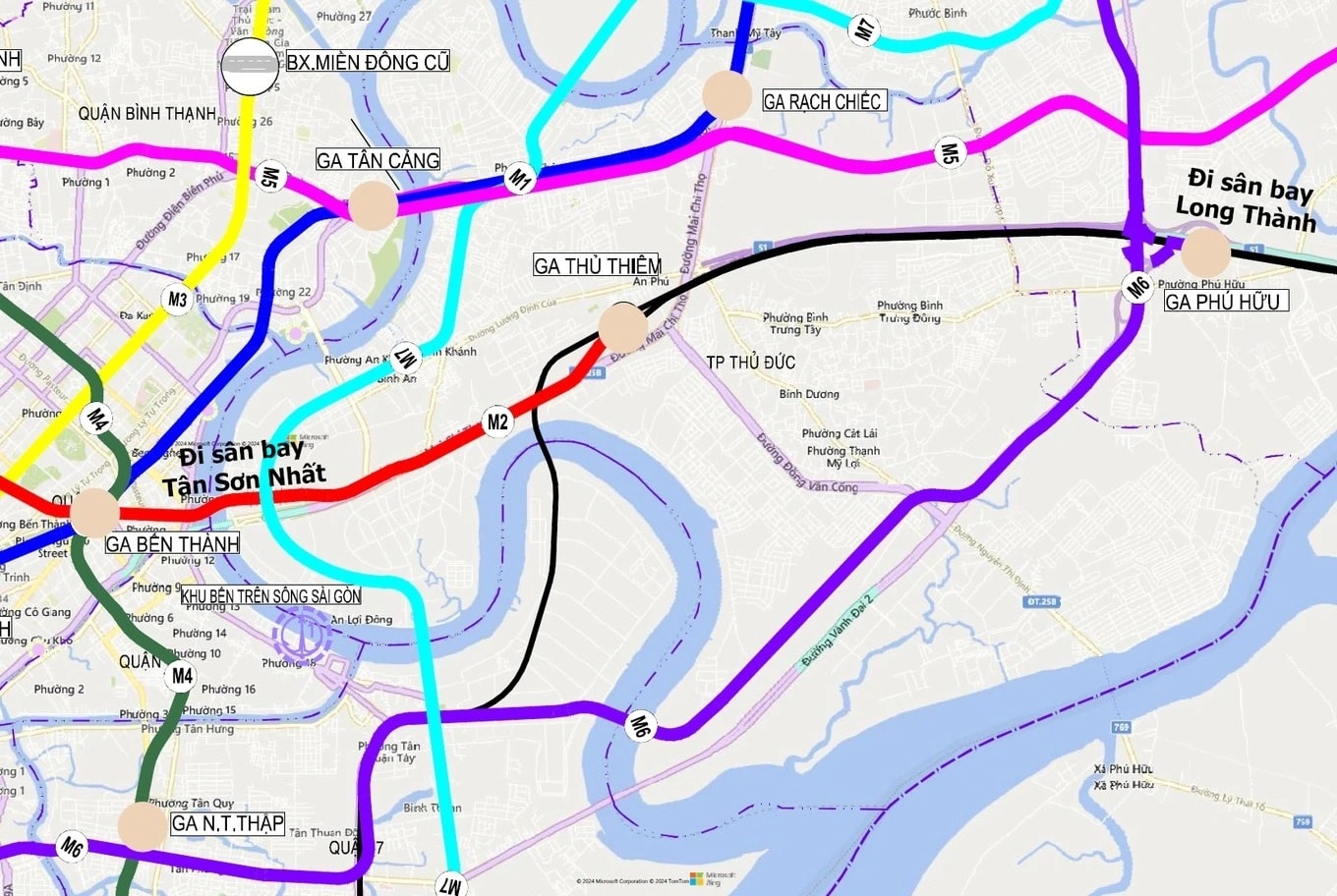 Sân bay Tân Sơn Nhất kết nối sân bay Long Thanh qua tuyến đường sắt Thủ Thiêm - Long Thành và tuyến metro số 2 Bến Thành - Thủ Thiêm. Đồ họa của UBND TP.HCM