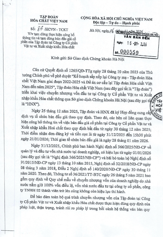 HNX tạm dừng đấu giá cổ phần của Vinachimex do Vinachem sở hữu - Ảnh 1