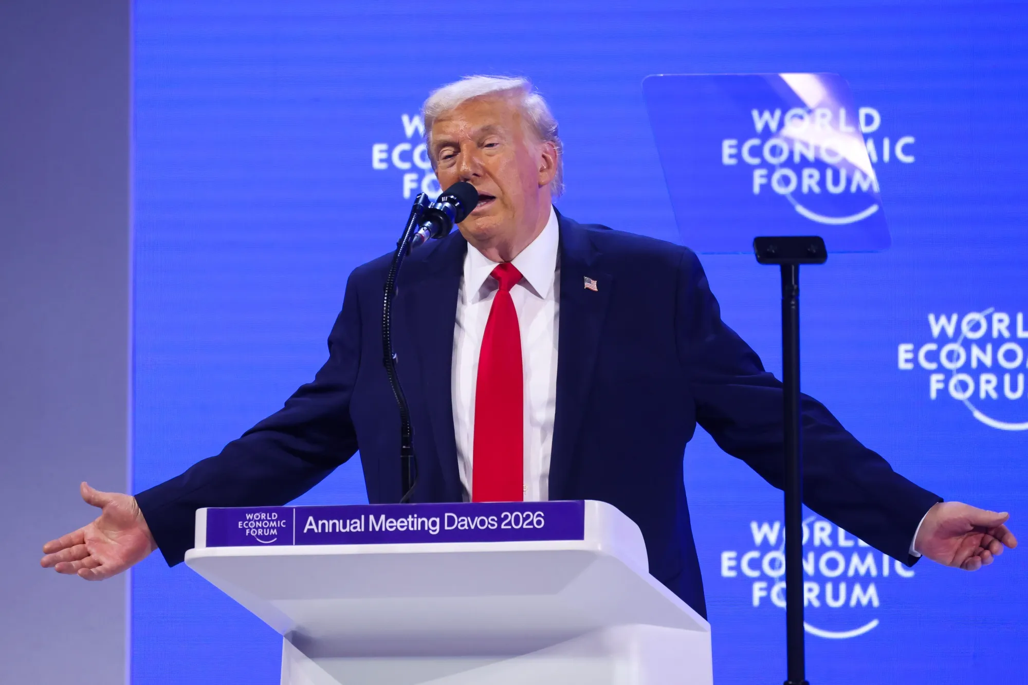 Tổng thống Mỹ Donald Trump phát biểu tại Diễn đàn Kinh tế Thế giới (WEF) ở Davos, Thụy Sỹ ngày 21/1/2026 - Ảnh: Bloomberg.