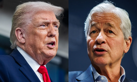 Tổng thống Mỹ Donald Trump (trái) và CEO Jamie Dimon của JPMorgan Chase - Ảnh: Bloomberg.