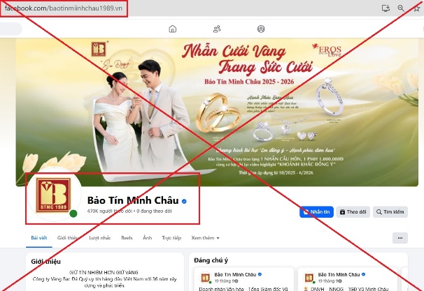 Trang Facebook giả mạo thương hiệu Bảo Tín Minh Châu. Ảnh: Cổng thông tin điện tử Công an TP Hà Nội.