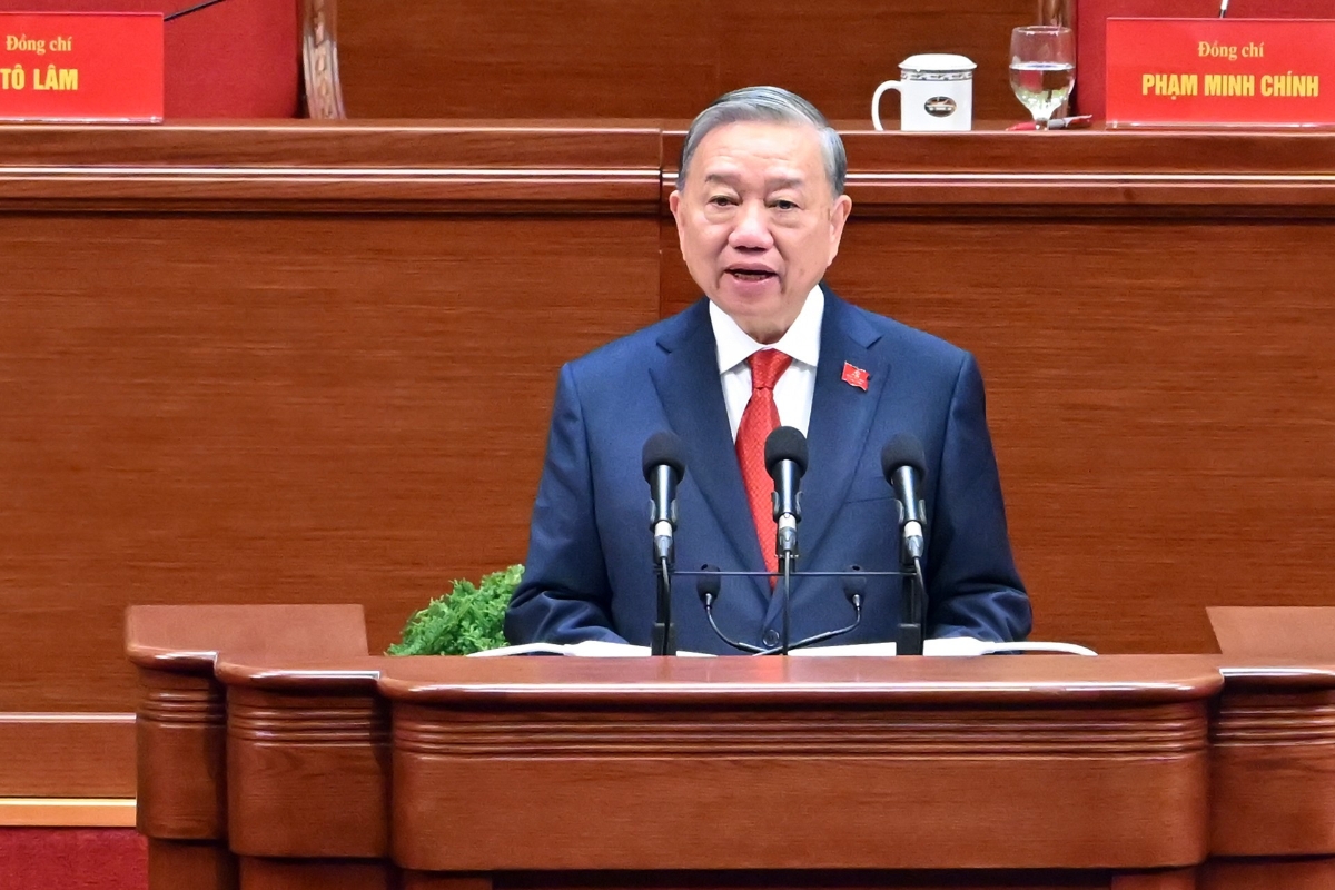 Tổng Bí thư Tô Lâm phát biểu tại lễ Bế mạc Đại hội lần thứ XIV của Đảng Cộng sản Việt Nam. Ảnh: Nhân Dân