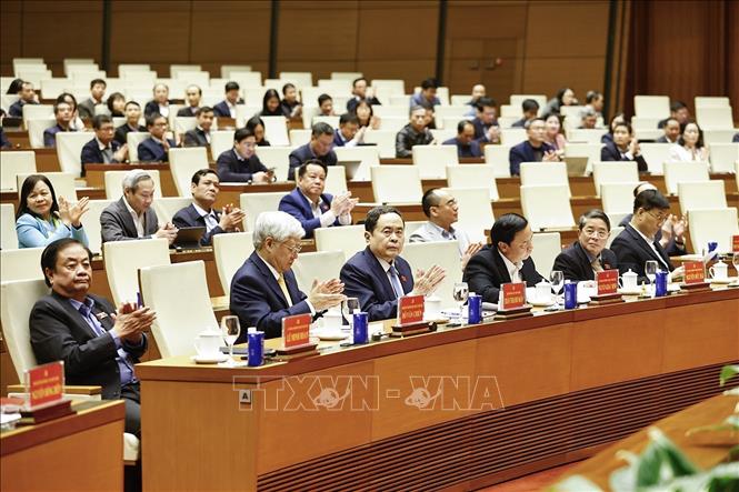 Chủ tịch Quốc hội Trần Thanh Mẫn dự Hội nghị thông báo nhanh kết quả Đại hội đại biểu toàn quốc lần thứ XIV của Đảng. Ảnh: TTXVN.