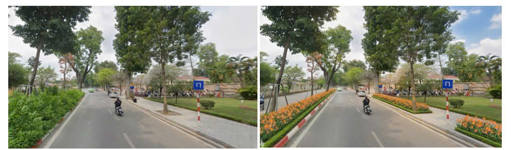Hình tuyến Hoàng Diệu trước và sau khi cải tạo hạ tầng xanh. Ảnh: Đề án