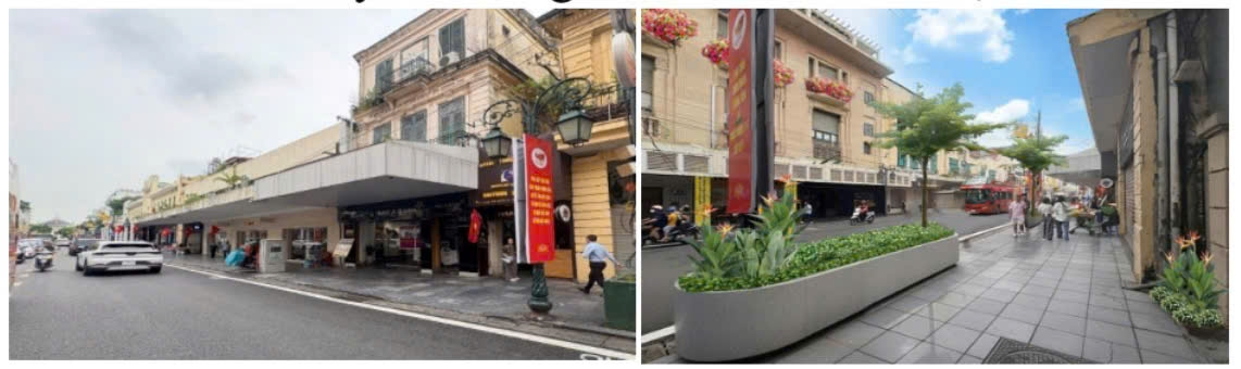 Hình tuyến Tràng Tiền trước và sau khi cải tạo hạ tầng xanh. Ảnh: Đề án