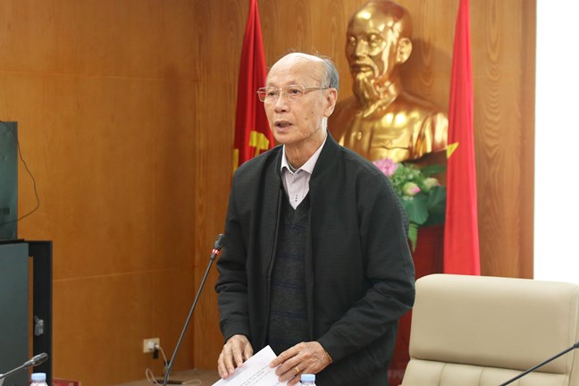 GS.TS Trần Ngọc Đường - Chủ nhiệm Hội đồng tư vấn về Dân chủ và Pháp luật Ủy ban Trung ương Mặt trận Tổ quốc Việt Nam phát biểu tại Hội nghị . Ảnh: Mặt trận.