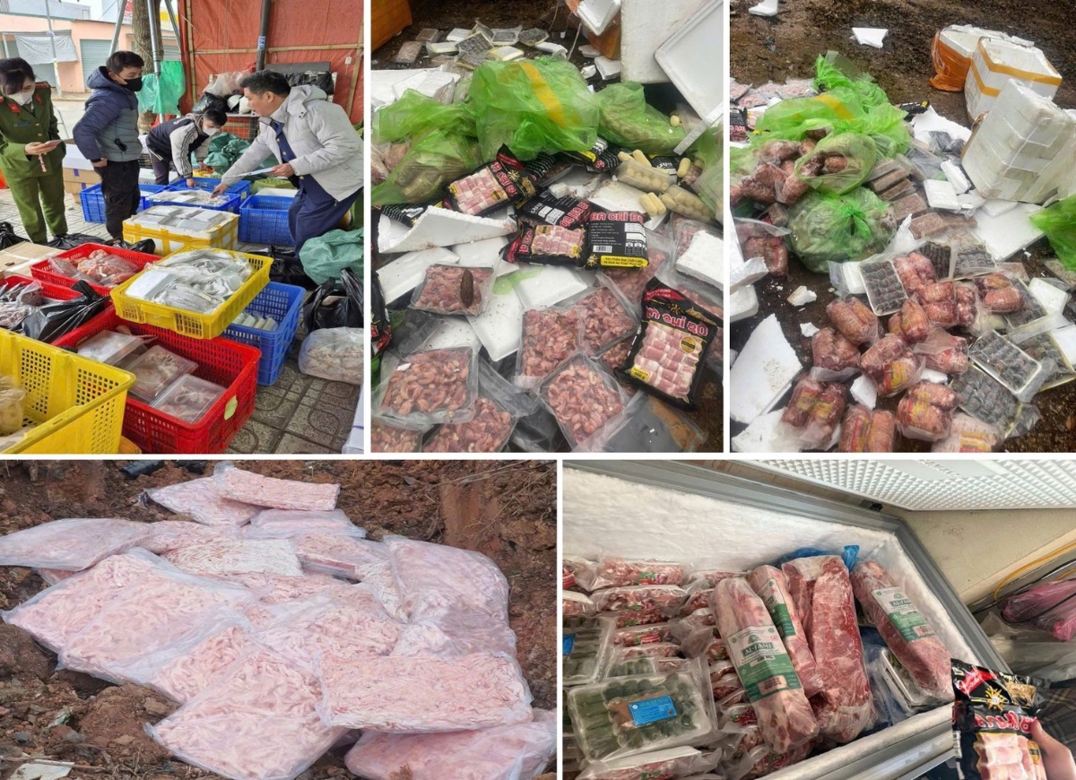 Nhiều mặt hàng thực phẩm được tập kết trong kho lạnh nhưng không có hóa đơn, chứng từ hợp pháp.