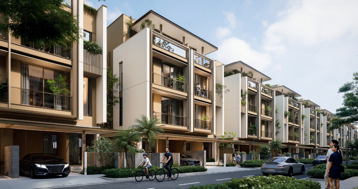 Biệt thự song lập tại SOLA với mặt đứng đồng điệu và khoảng mở được tinh chỉnh để đảm bảo sự riêng tư trong từng trải nghiệm sống. Ảnh: SOLA.